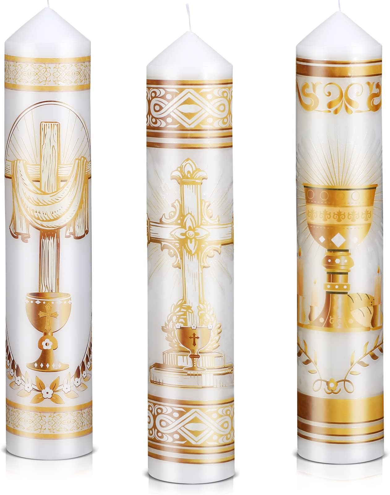 Lewtemi 3 Pcs Easter Paschal Candle First Communion Candle Sets Cirio Religious Catolicos Candle Baptism Prayer Cross Candles Gold Tone Candle for Baptism First Communion Decoration