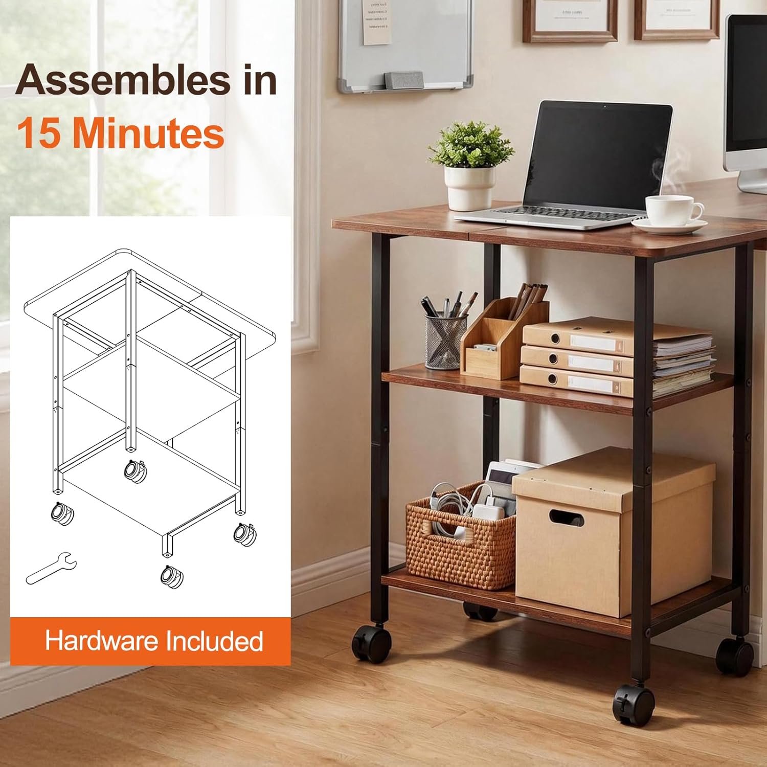 King Oasis 3-Tier Printer Stand with Wheels, Industrial Mobile Printer Cart with Storage Shelf for Home Office Organization, 3D Printer, Side Table for Living Room, Bedroom, Rustic Brown