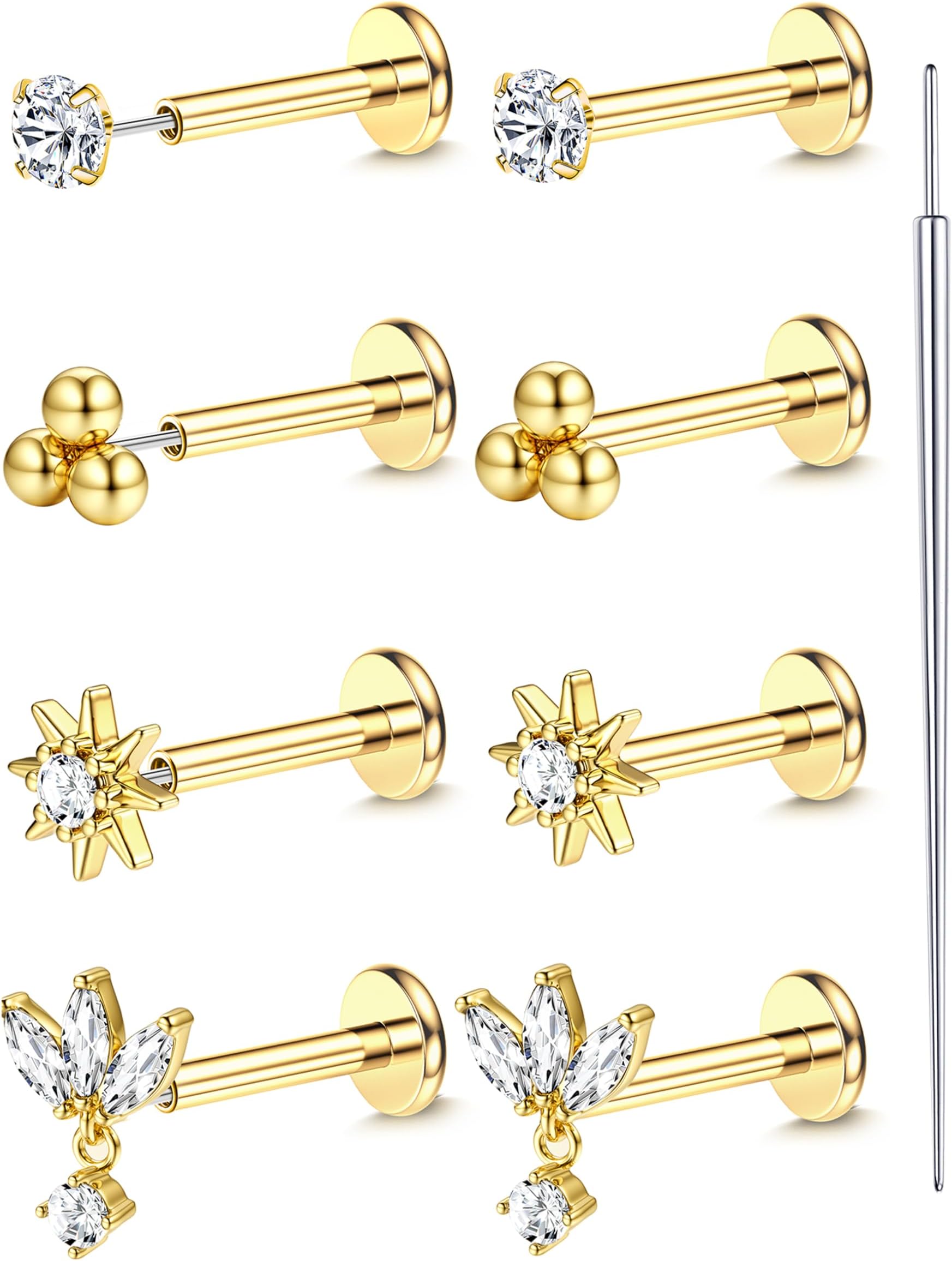 18K Gold Plated Threadless Flat Back Earrings Studs 316L Surgical Steel Push in Nose Studs Rings 20G 18G 16G CZ Tragus Cartilage Helix Conch Lip Labret Medusa Nostril Piercing Jewelry Hypoallergenic