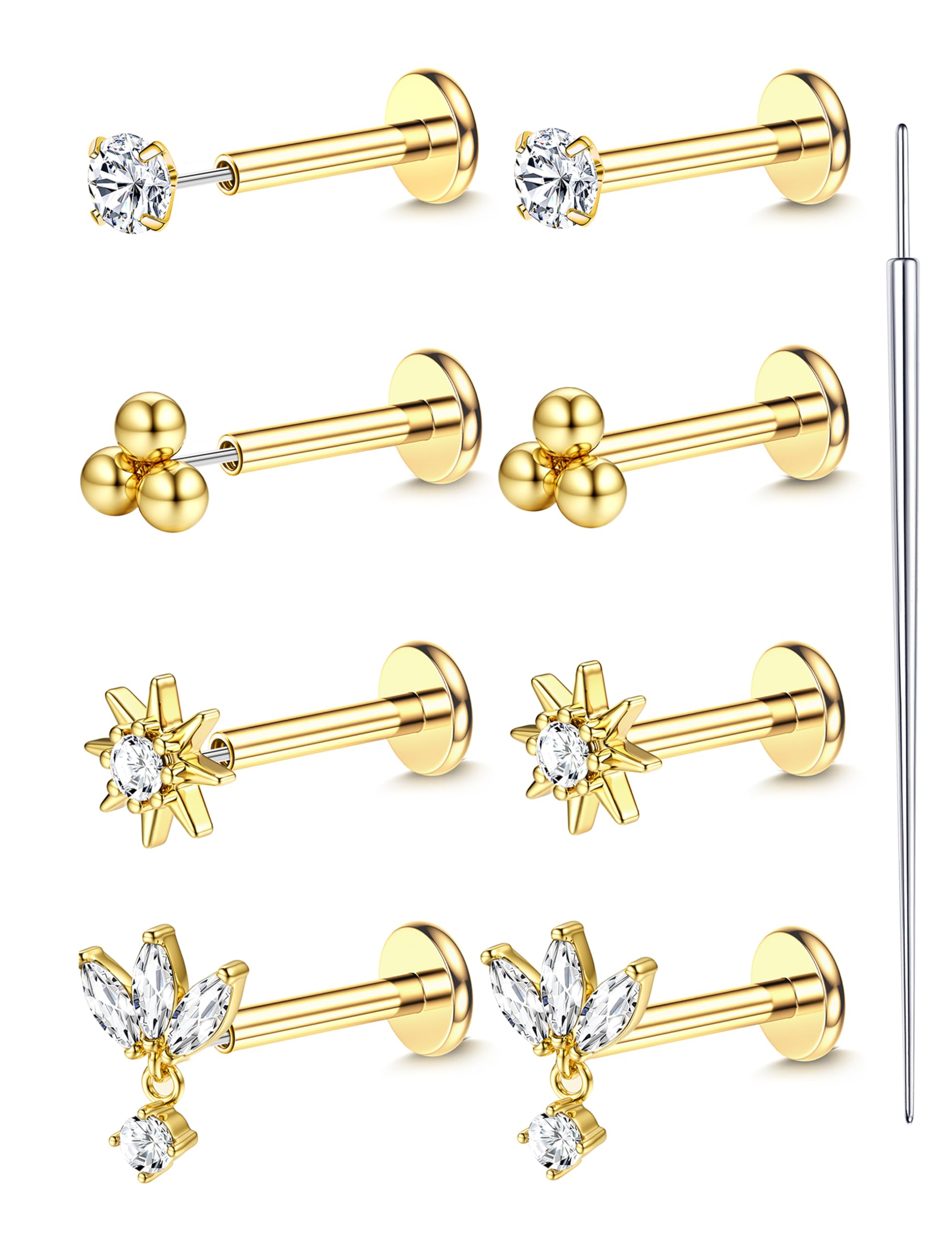 18K Gold Plated Threadless Flat Back Earrings Studs 316L Surgical Steel Push in Nose Studs Rings 20G 18G 16G CZ Tragus Cartilage Helix Conch Lip Labret Medusa Nostril Piercing Jewelry Hypoallergenic