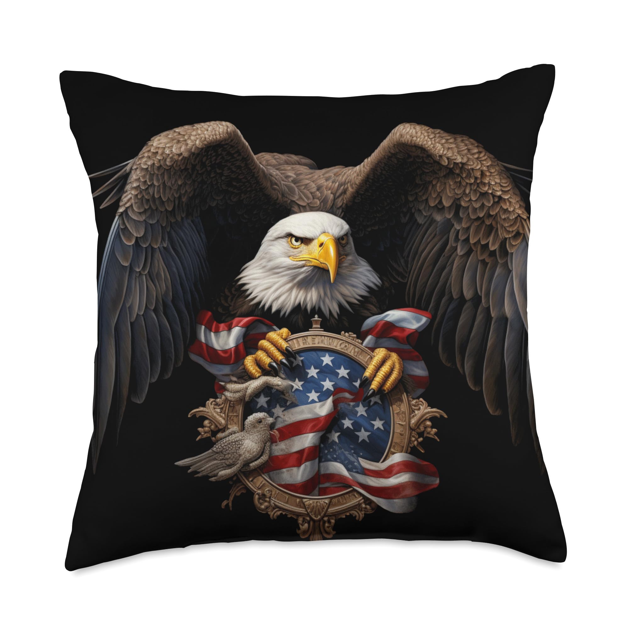 American Bald Eagle with National USA Flag Throw Pillow, 18x18, Multicolor
