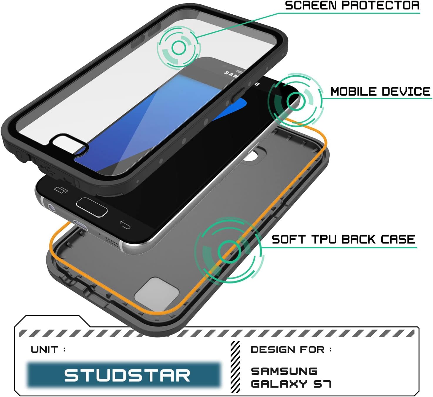 PunkCase S7 Waterproof Case [StudStar Series] [Slim Fit] [IP68 Certified] [Shockproof] [Dirtproof] [Snowproof] Armor Cover Compatible W/Samsung Galaxy S7 [Black]