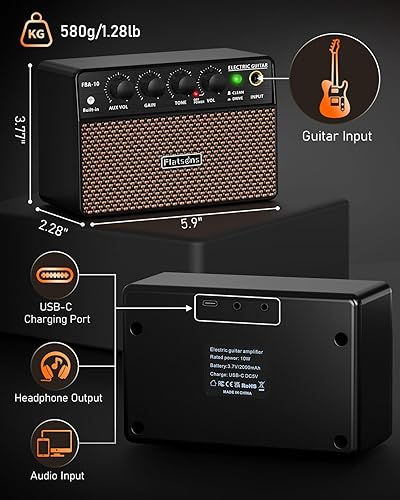 Miniatura 9 de Amplificador de guitarra FBA-10, mini amplificador de guitarra eléctrica de 10 W con canal de limpiezaunidad, 6 horas de trabajo, USB-C recargable,