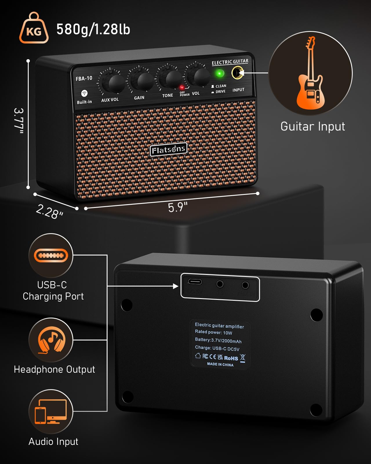 FBA-10 Guitar Amp, 10W Mini Electric Guitar Amplifier with Clean/Drive Channel, 6H Working, USB-C Rechargeable, 3.5mm Headphone/AUX Jack, Wireless Portable Amp for Indoor Practice, Traveling