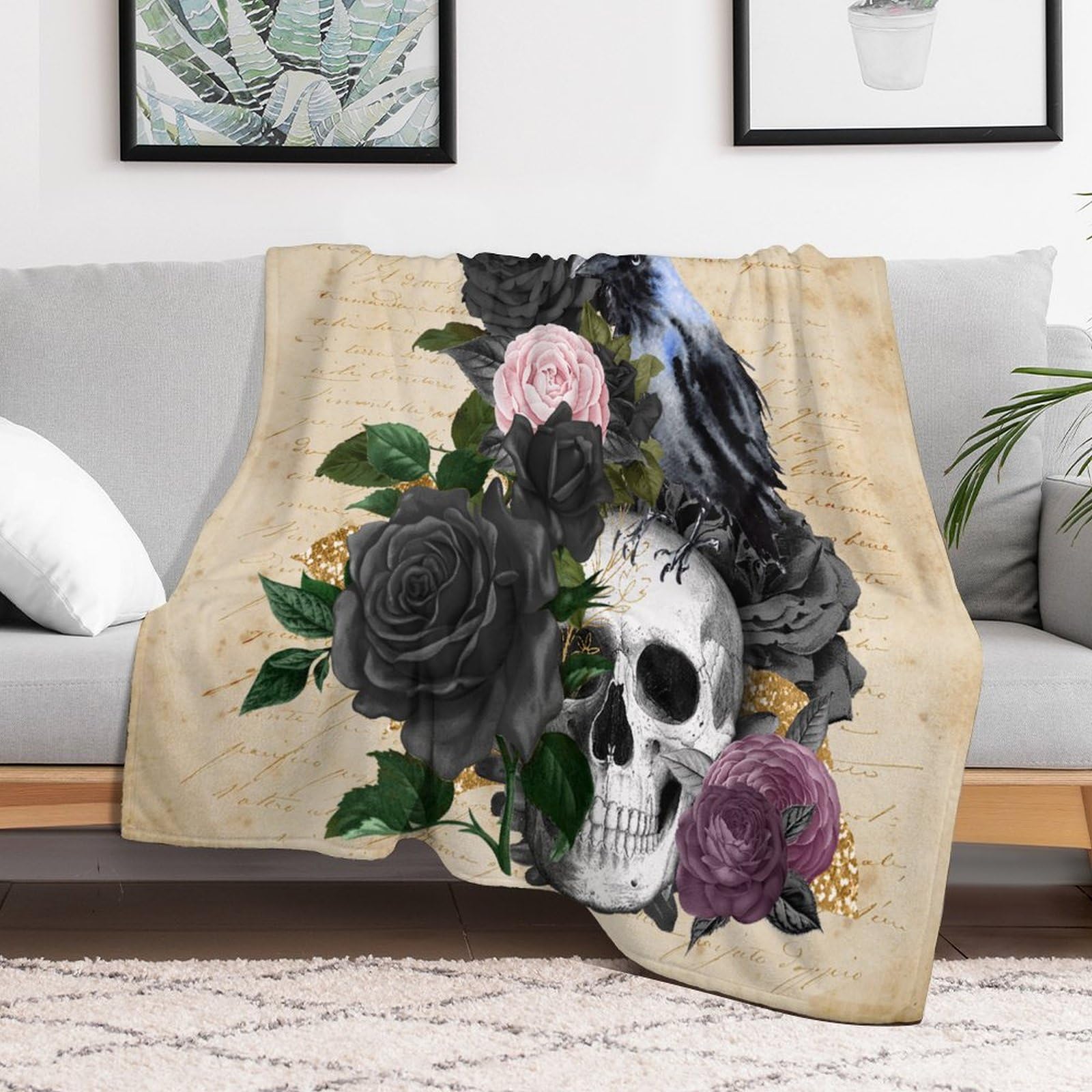 Couverture polaire motif corbeau : idée cadeau style gothique