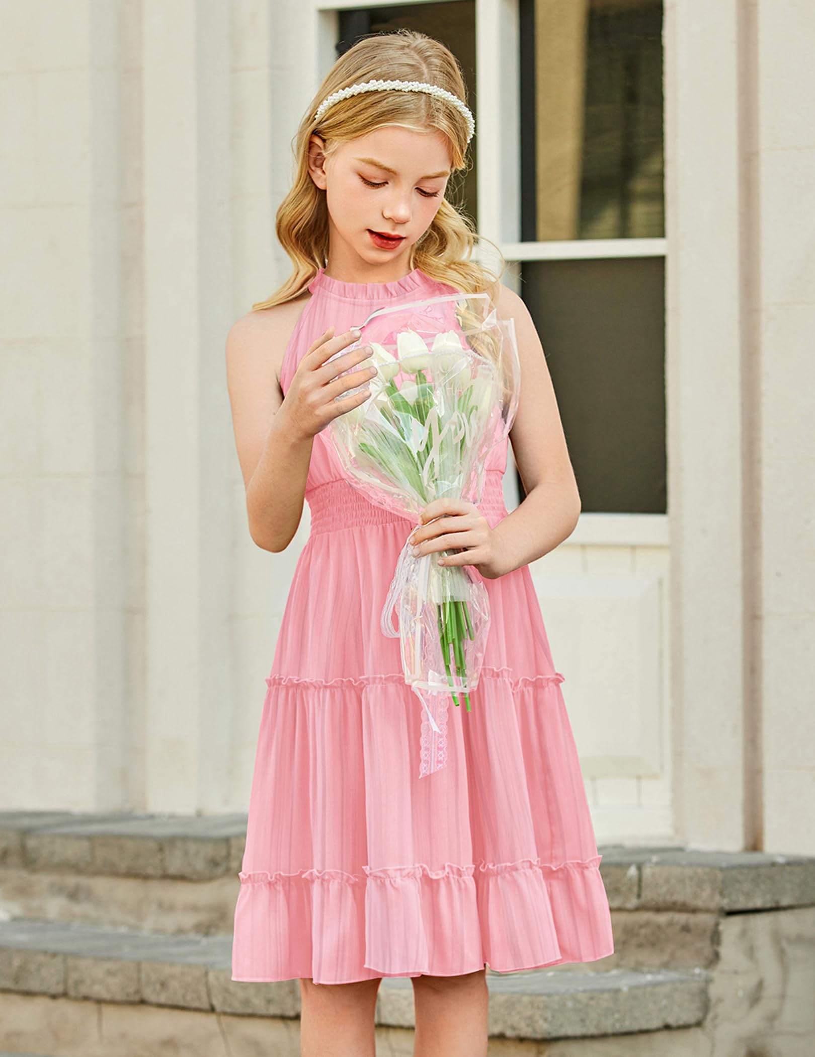 Arshiner Vestidos para Niña Verano Sin Mangas Fiesta Niños Vestido Festivo Cuello Halter Vestidos Ligero Gasa Hombros Descubiertos Midi Informal Corte A Vestido de Noche Elegante para Niñas 6-13 Años