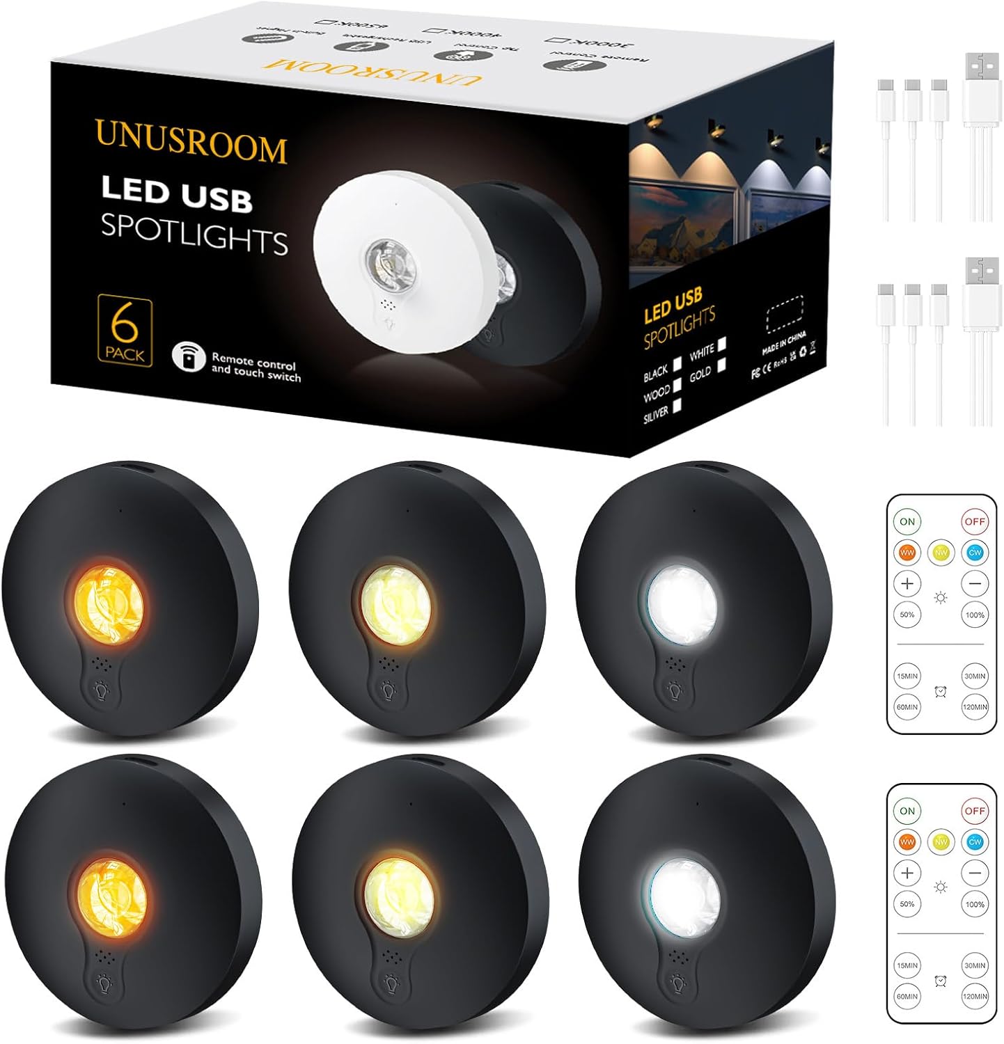 Rechargeable Puck Lights,LED Under Cabinet Lighting,2000mAh Battery Operated Tap Stick on Lights,Touch&Remote Controls Dimmable Wireless Closet Light for Kitchen (Black-3color, 6)