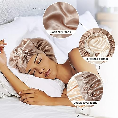 Miniatura 6 de Gorro de satén de seda para dormir, para mujer, banda elástica para cabello rizado, envoltura de cabello de seda (café + champán)