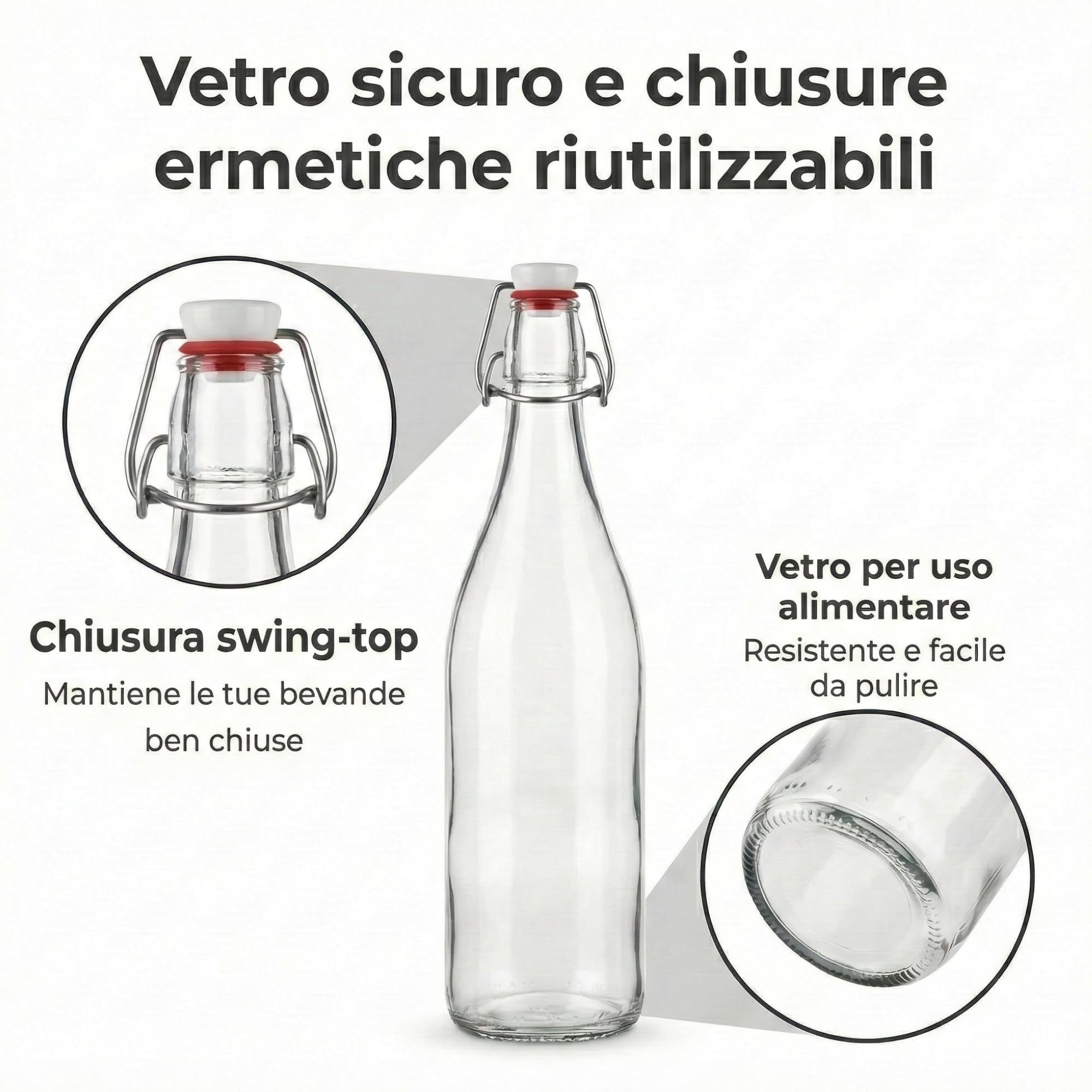 myFERMENTS Kit 6 Bottiglie Vetro 750ml con Tappo Meccanico Ermetico | Set Completo per Fermentazione Birra Liquori Kombucha | Imbuto 10cm, Panno Mussola 50x50cm, Vetro Trasparente