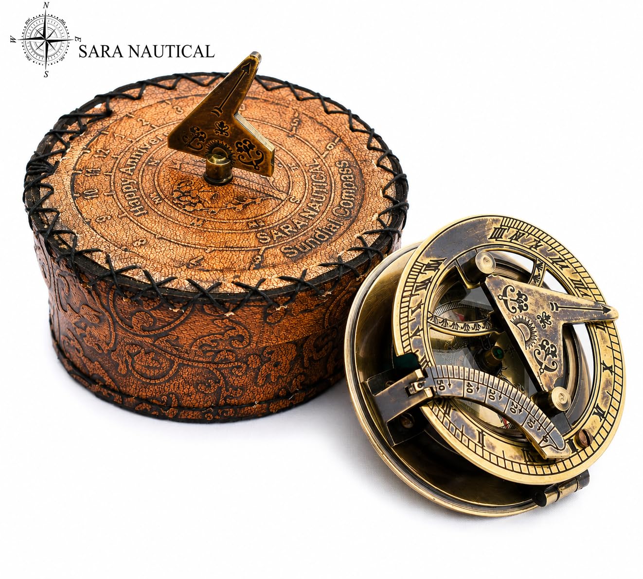 SARA NAUTICAL Bussola con meridiana in ottone antico, orologio con meridiana in scatola regalo, replica orologio da sole, decorazione navale (meridiana di nuova generazione 2026)