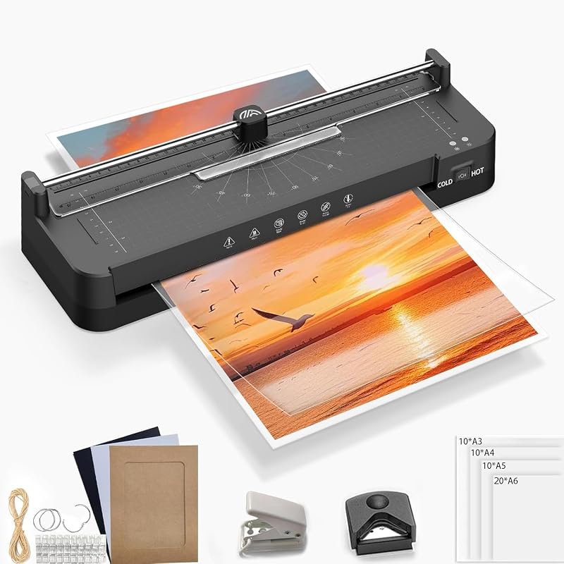 Máquina laminadora de 13 pulgadas con 50 hojas laminadoras | Laminadora 9 en 1, máquina térmica y fría ancha, recortadora de papel integrada, perforadora de agujeros redondeada para el hogar, oficina y escuela