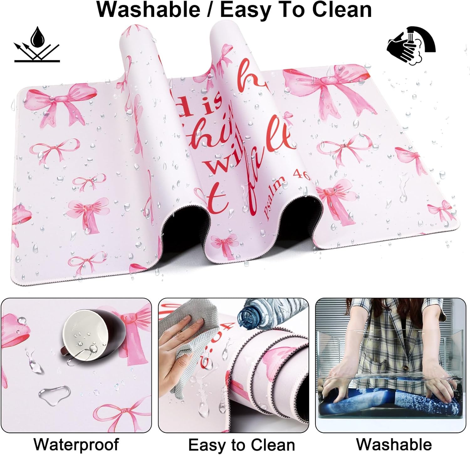 Mouse Pad + Desk Mat + Keyboard Wrist Rest + Coaster 4 in 1 Set, Cute Ergonomic Large Gaming Mousepad with Wrist Rest Support Desk Pad for Computer Laptop Office Home Decor-Pink Bow