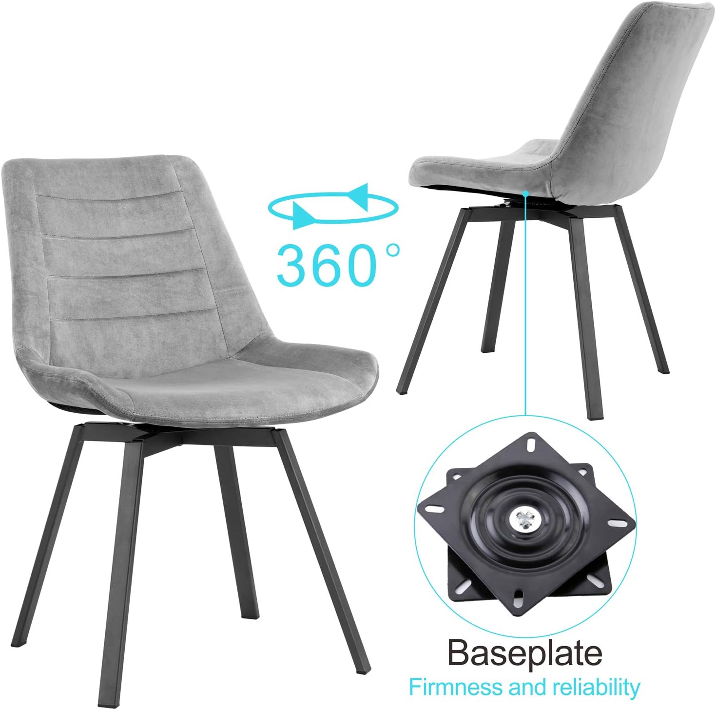 Dining Chairs,Velvet Chair Set of 2,Swivel Kitchen Chairs with Sturdy Metal Legs (Grey)