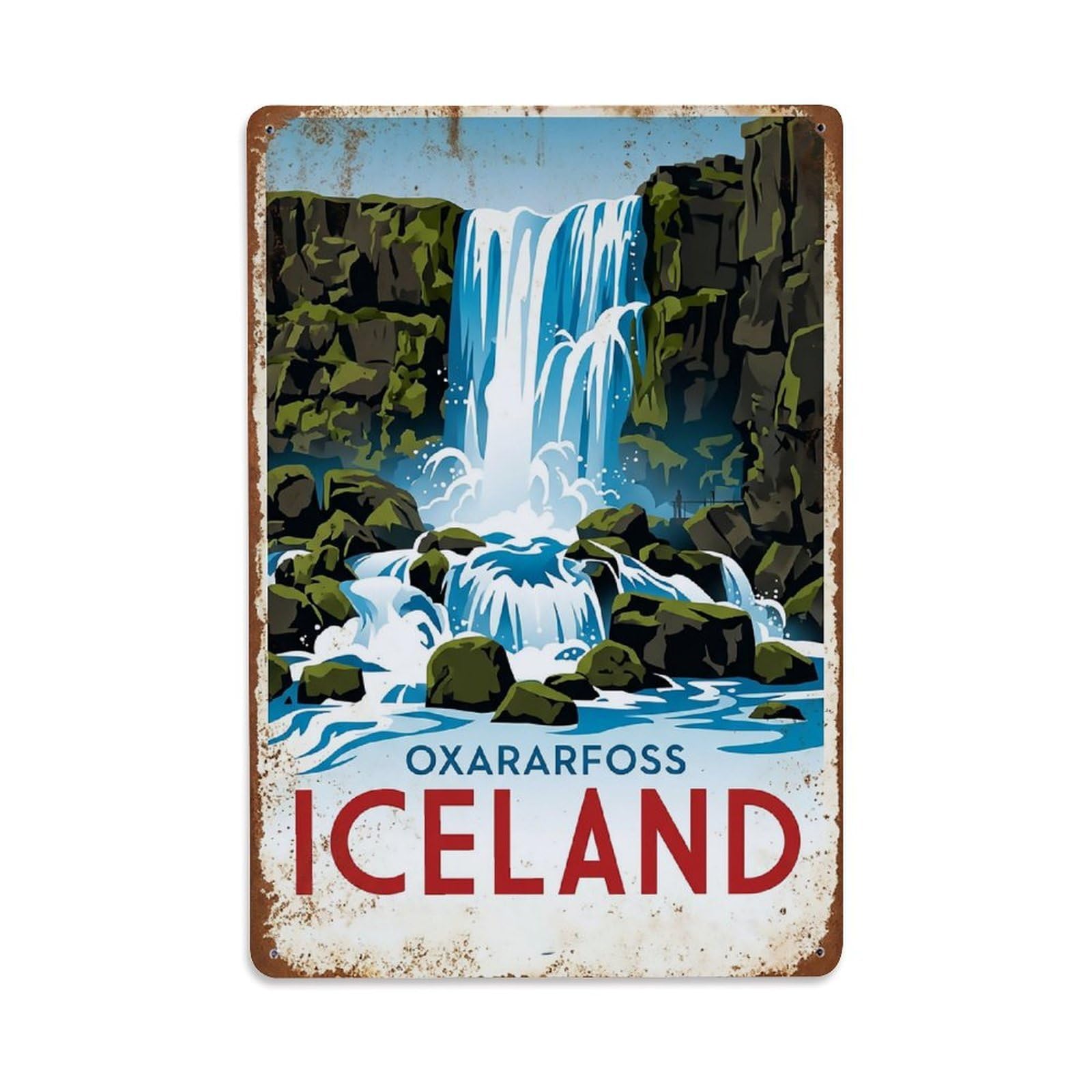 Vintage Travel Oxararfoss Iceland Cascade Metal Tin Sign