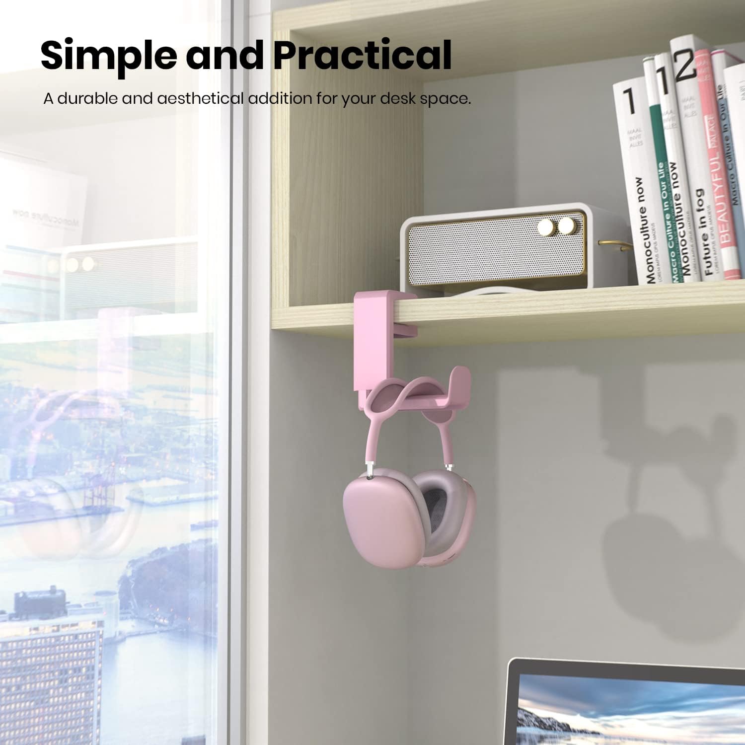 PC Gaming Headset Headphone Hook Holder Hanger Mount,Headphones Stand with Adjustable & Rotating Arm Clamp,Under Desk Design,Universal Fit,Built in Cable Clip Organizer EURPMASK Pink