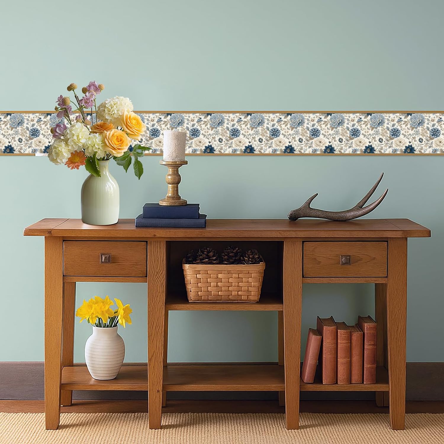 Blue Floral Wallpaper Border 196x4 Inch Peel and Stick Removable Vinyl Wall Border Elegant Blue and Beige Flower Wall Trim for Kitchen Bathroom Bedroom Living Room Home Decor
