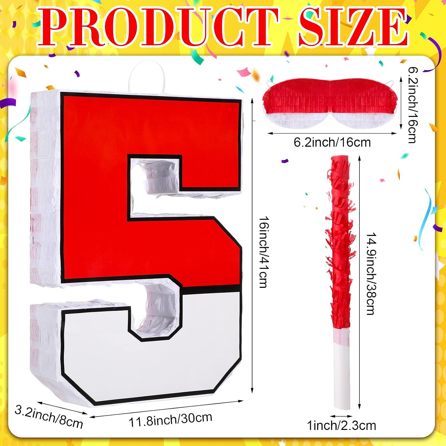 Number 5 Pinata for 5th Birthday Party Decorations, Perfect for 5th Birthday Party Supplies, Fiesta, Anniversary Celebration, Birthday Pinata with Stick Blindfold Confetti Large 16 x 11.8 x 3.2 Inches