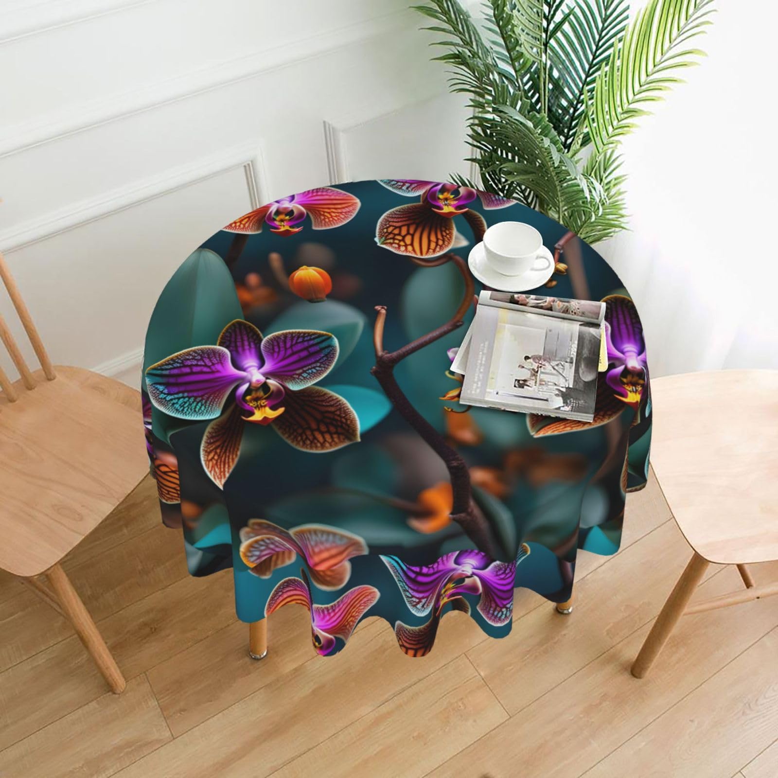 Nbtghga Teal And Orange Orchid Print Tablecloth Round Border Table Cloth Cover Decorative For Party Holiday Dinning Tabletop Home