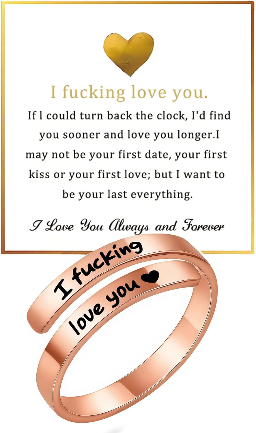 I Fcking Need You Ring For Women, Open Adjustable Stainless Steel I F Love You Ring Engraved Heart Spiral Wrap Twist Vintage Romantic Promise Rings Inspirational Jewelry for Wife Girlfriend Boyfriend
