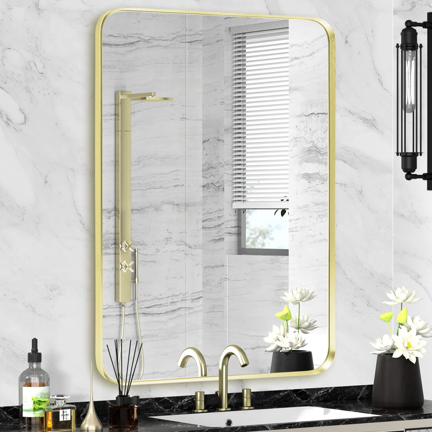 Gold Bathroom Mirror 28x36in, Metal Framed Rounded Rectangle Wall