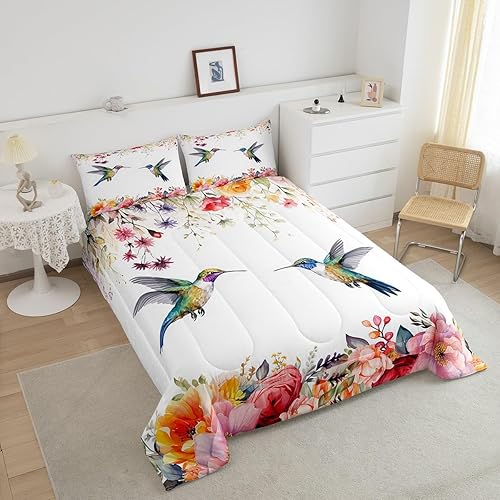 Miniatura 3 de jejeloiu Juego de edredón de colibrí, tamaño Queen, diseño de pájaros tropicales, flores de colibrí, juego de ropa de cama de jardín de granja,