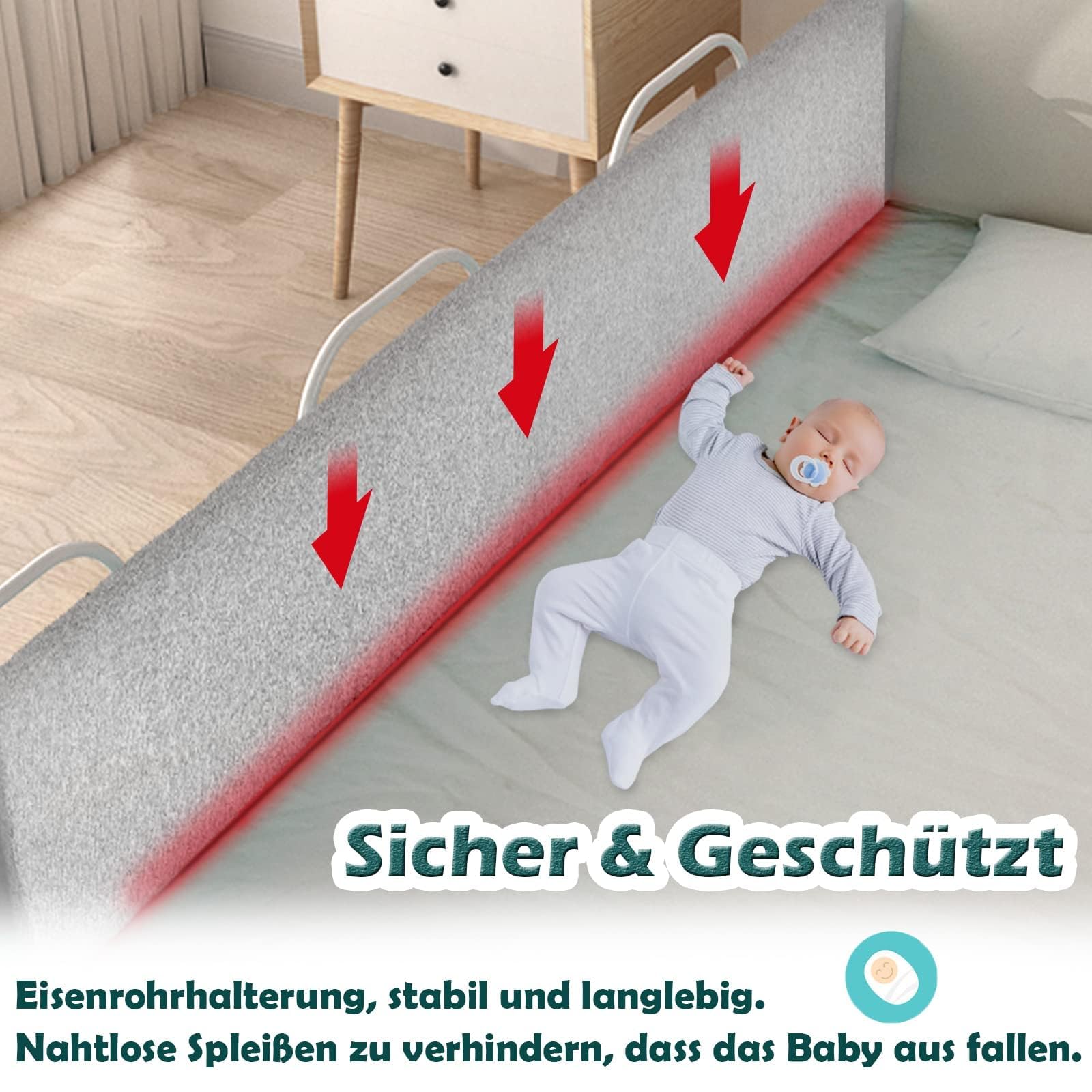 LZQ 2 sponde di protezione anticaduta per lettino dei bambini, 180 cm, regolabili in altezza, deformabili, con chiusura lampo e bottoni automatici, per letto familiare e bambini, grigio