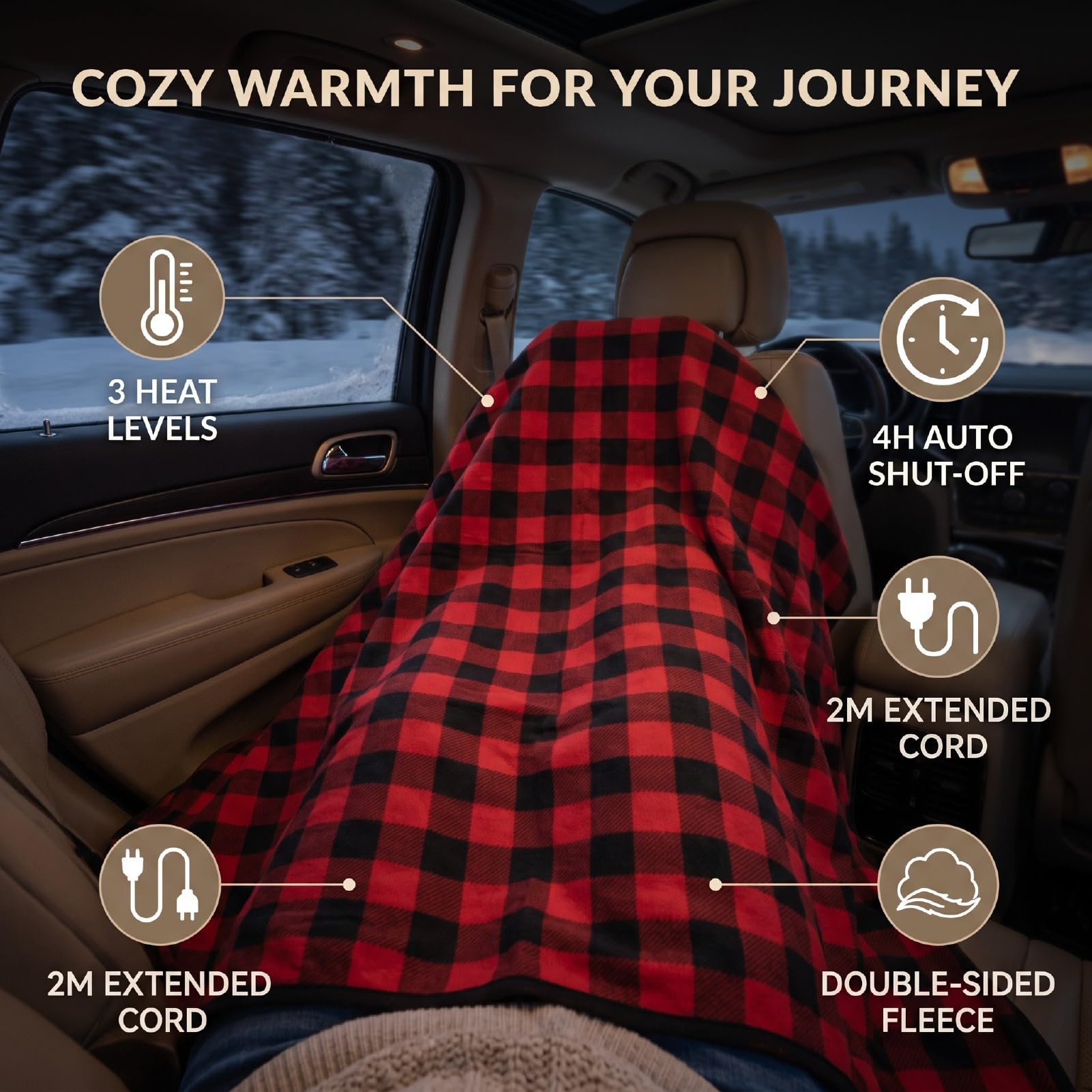 Yctze Coperta Elettrica per Auto 12V, 3 Livelli, 4H Off | Scaldaginocchia, Fodera in Pile Fronte-retro, Campeggio e Viaggi, Veicoli, Camion, SUV e , Porta 12V