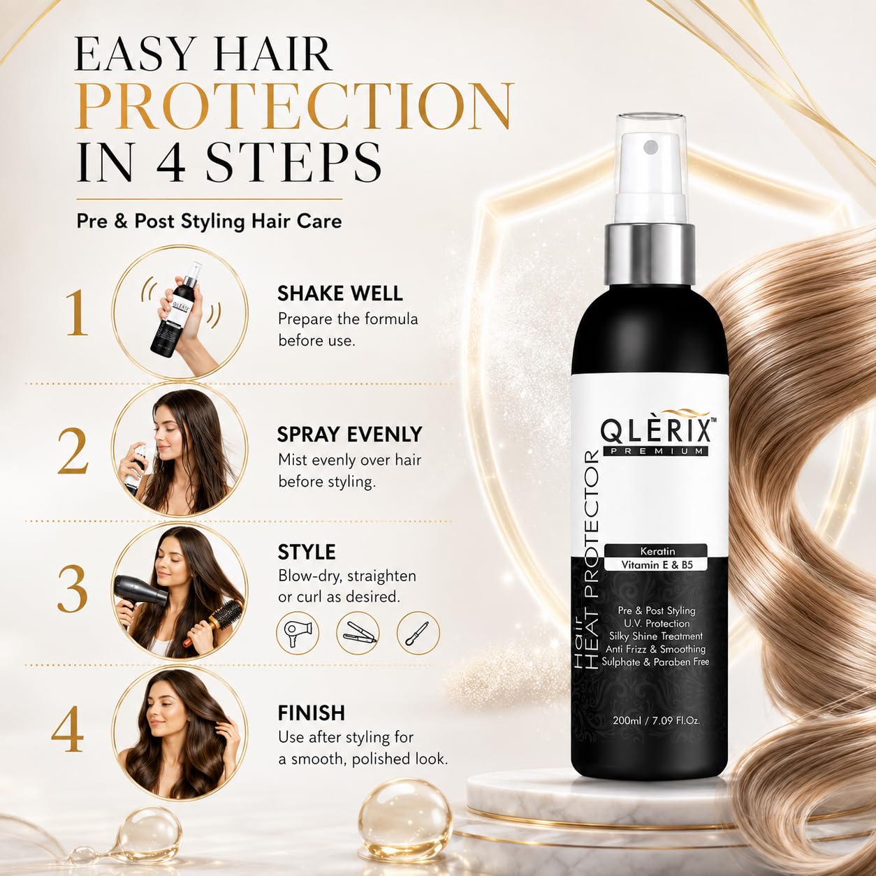 QLERIX Premium Hair Heat Protection Spray - 200ml | Heat Protectant for Women & Men | Straightening, Smoothening, Hair Styling | Frizz Control | Paraben & Sulfate-Free 2