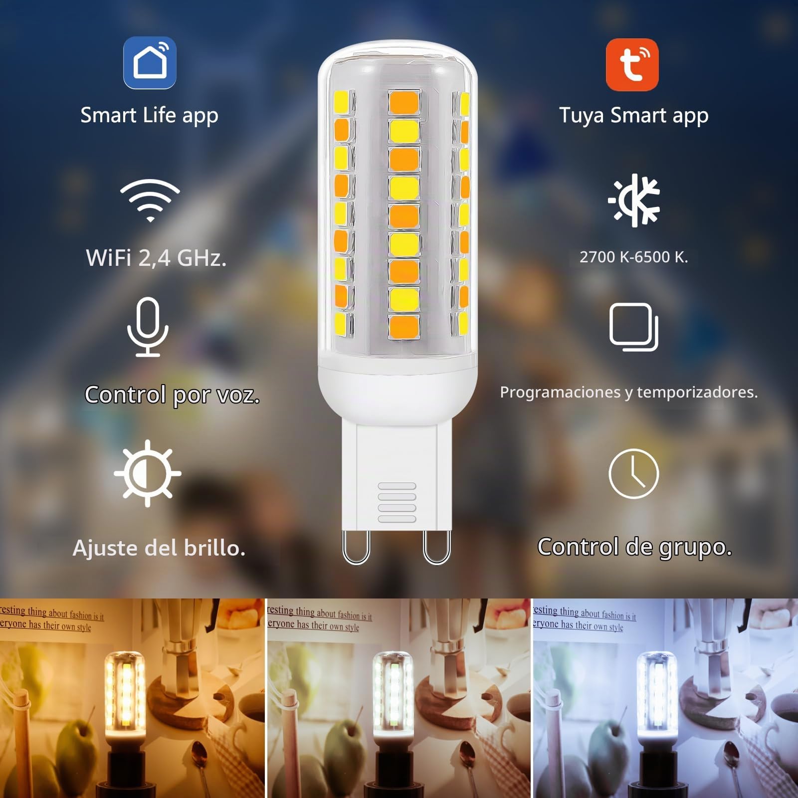 Bombillas LED G9 inteligentes Wi-Fi,Compatible con Alexa /Google Home,AC 230V regulable sin escalonamiento,2700K-6500K,Brillo ajustable 1%-100%,0.4-4W,40LM-400LM,Función de temporizador,Pack de 3