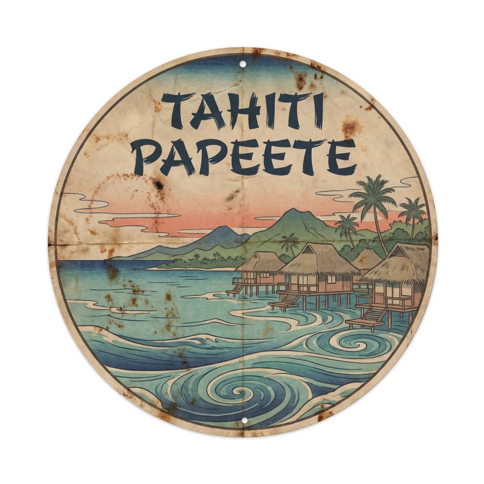 Tahiti Papeete Island Resort Vintage Woodcut Metal Tin Sign