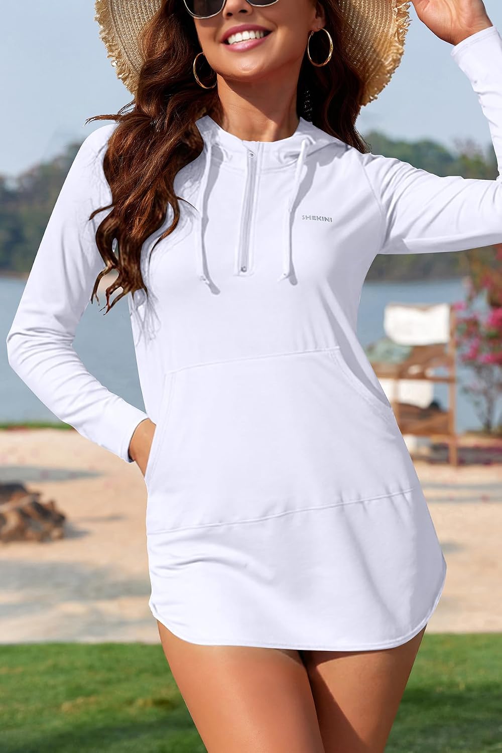 SHEKINI Rash Guard for Women Swimsuits Long Sleeve Tops with Pockets Zip Front Sun Protection Swim Shirts Solid Swimwear