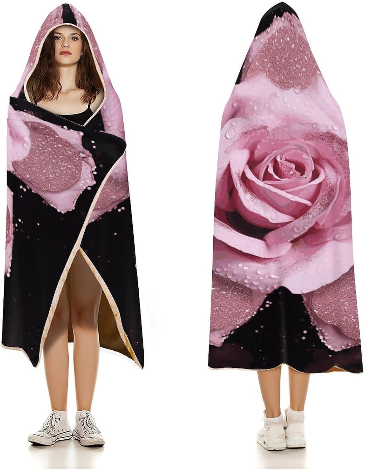 Glitter Pink Rose Hooded Blanket Cozy And Functional,Wearable Blanket Hoodie for Women Men,Blanket Poncho Presents40 x50