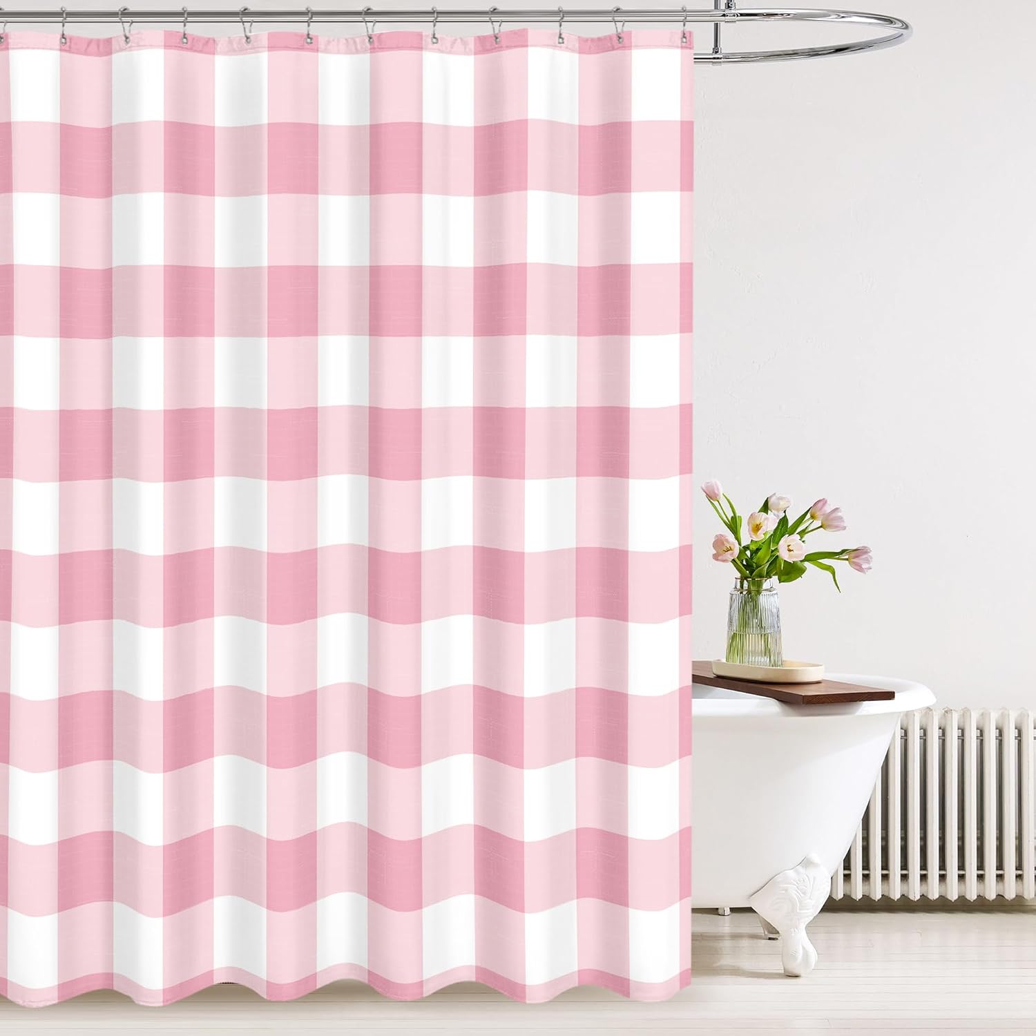 Tititex Classic Gingham Plaid 140gsm Faux Linen Fabric Shower Curtain, Pink Buffalo Grid Shower Curtain Sets Decoration 72x72 Inch with Hooks