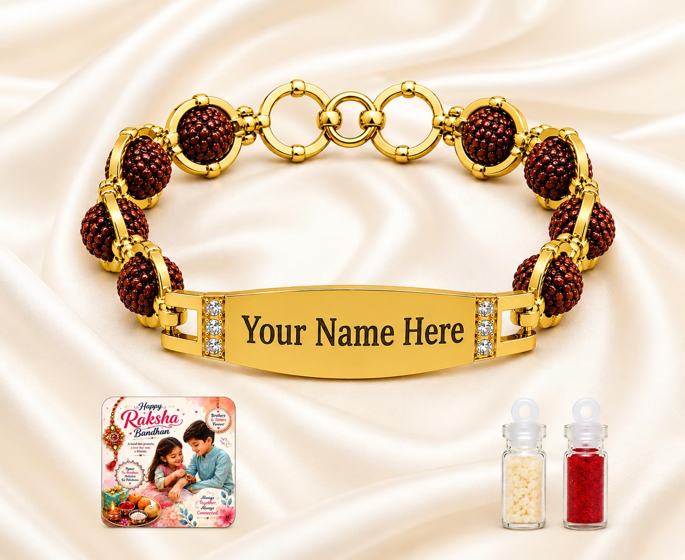 Personalized Rudraksha Name Rakhi & Magnet for Brother | Custom Engraved Gold Finish Rakhi | Raksha Bandhan Gift with Roli Chawal, Greeting Card & Fridge Magnet By Deep Print Mart (Set of 1 Rakhi)-image-18