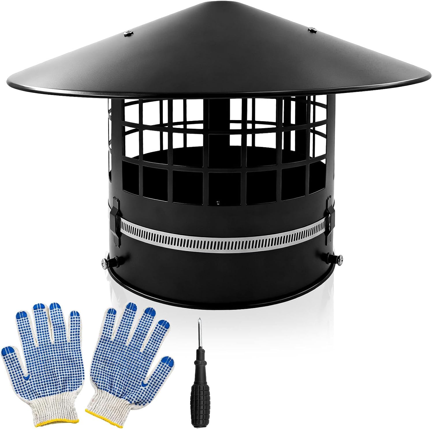 8 Inch Round Chimney Cap 304 Steel Cone Top for Wood Stoves | Black coated mesh vent guard with 0.4-inch adjustable clamps. Blocks rain and debris for outdoor oil heaters and fireplaces.