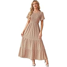 VintageClothing Women Summer Maxi Dresses 2026 Spring Boho Smocked Short Sleeve Crewneck Beach Vacation Flowy Dress