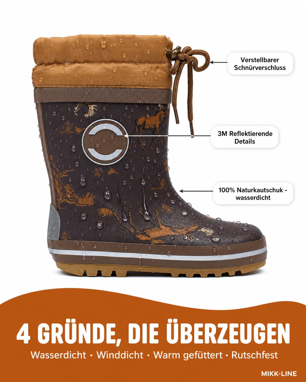 Mikk-line Bottes en caoutchouc thermique pour enfants | Bottes d'hiver pour enfants avec lacets | Bottes en caoutchouc doublées avec détails réfléchissants | Bottes de pluie pour enfants en caoutchouc