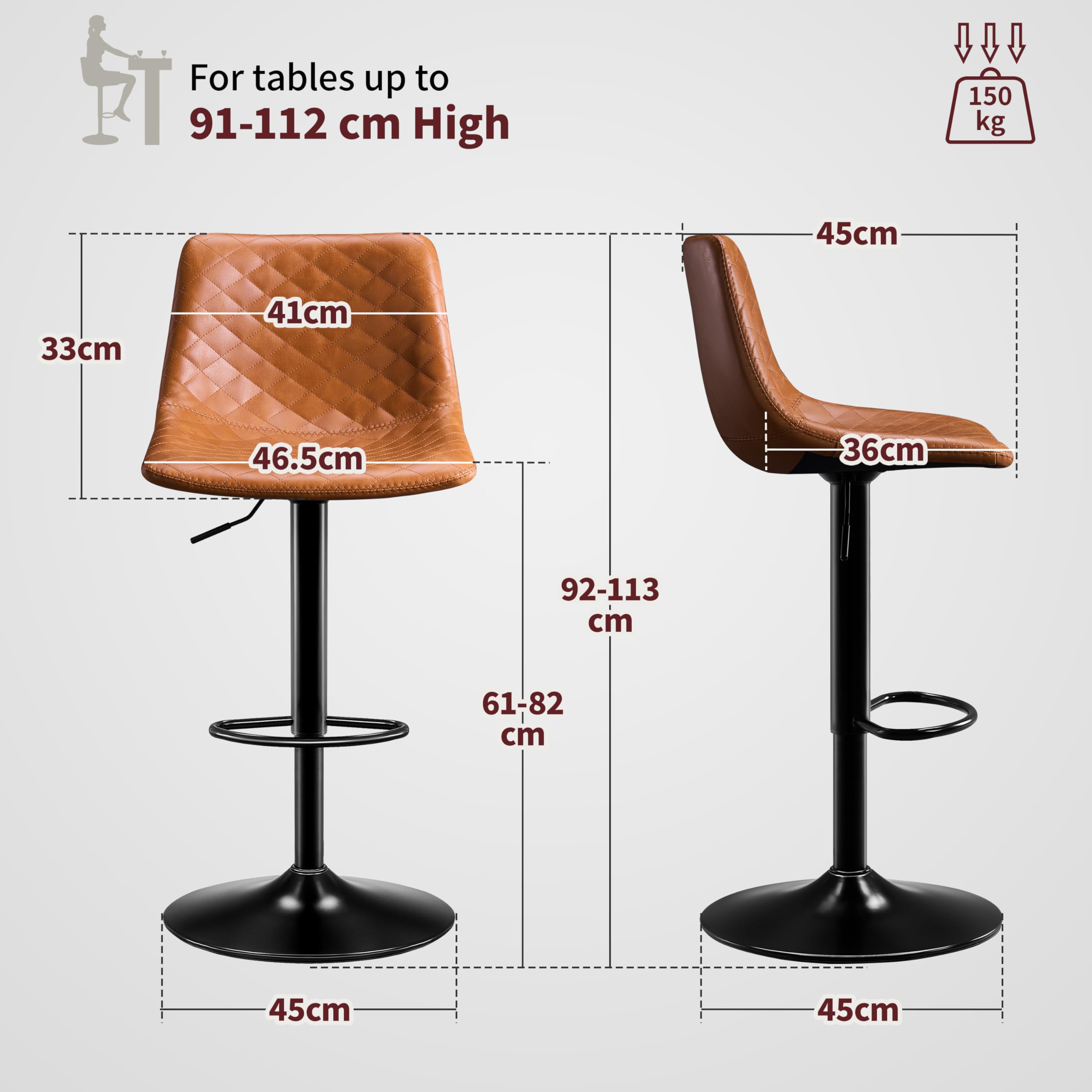 STOOLINK Taburete Cocina Juego de 2, Cuero de Microfibra, Moderno, Marrón | Taburete de Bar Altura Ajustable 61 a 82 cm, con Reposapies y Respaldo, Rotación de 360°, 150kg para Mostrador y Cafetería