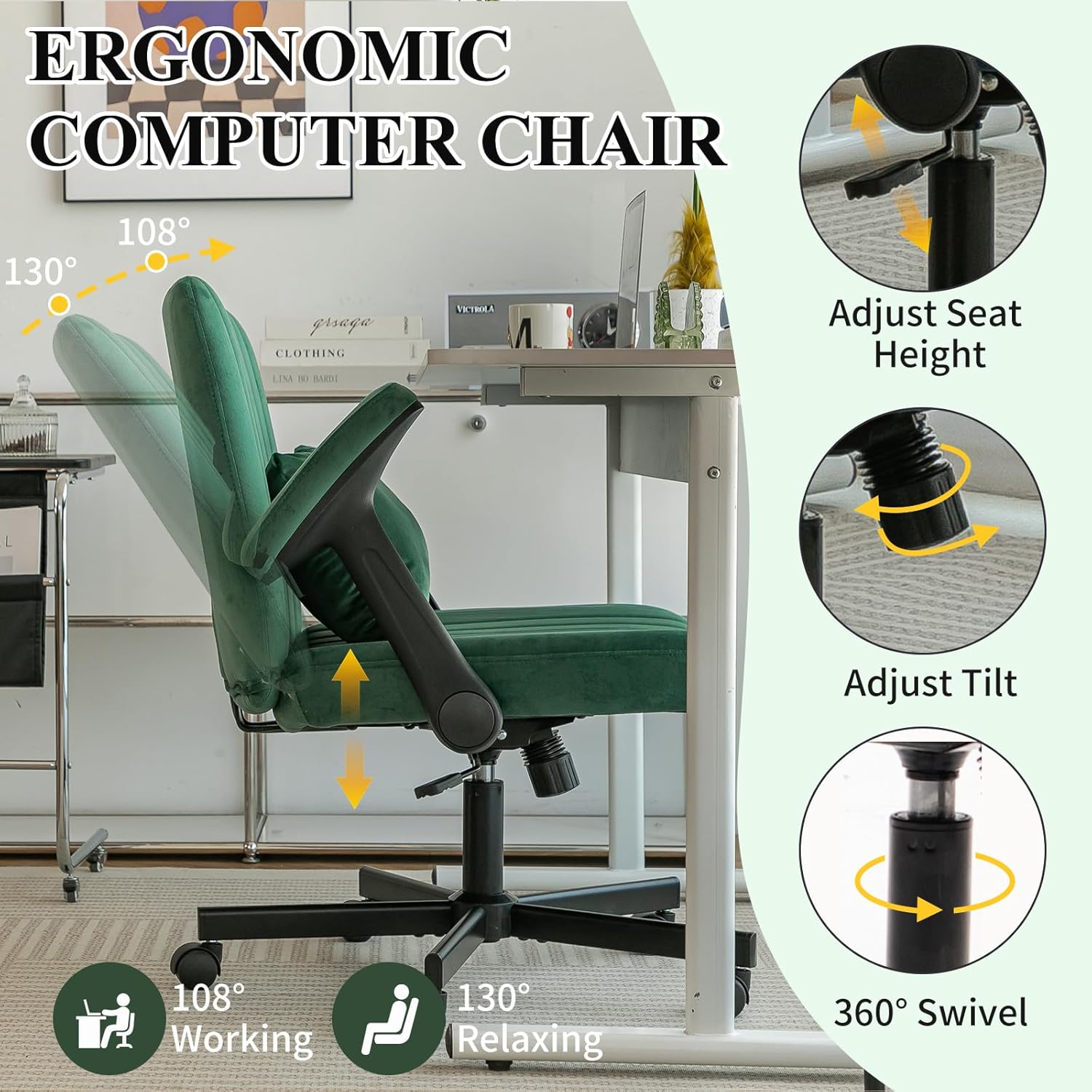 Home Office Desk Chair, Velvet Upholstered Criss Cross Chair with Pillow, Comfy Ergonomic Computer Chair with Height, Tilt Angle and Armrest Adjustable, Desk Chair for Office (Green-Velvet)