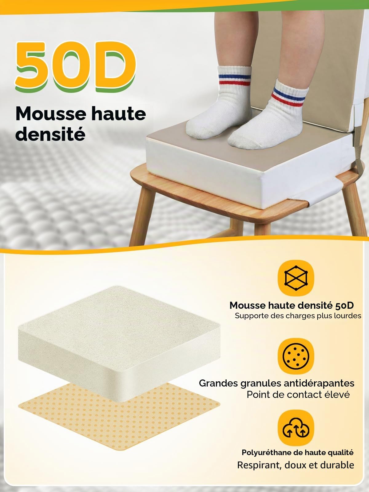 Rehausseur de chaise constitué de deux coussins - Pour enfant et bébé - En polyuréthane lavable - Avec sangles - pour enfants de plus de deux ans - Kaki