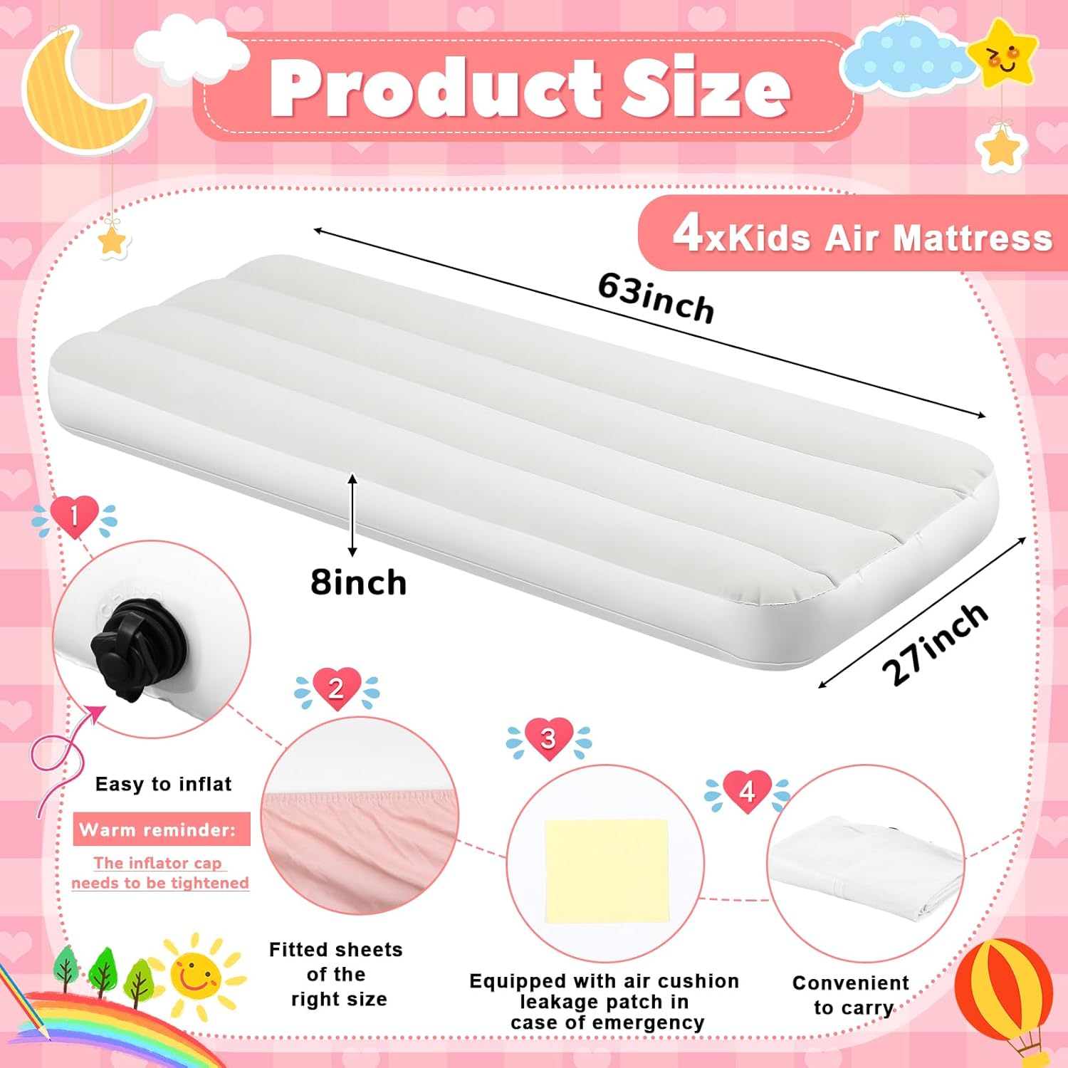 Windyun 4 Sets Kids Air Mattress Bulk with Fitted Sheet,Toddler Inflatable Bed 63 x 27 x 8 Inches Blow up Airbed Camping Sleeping Pad for Aged 3-10 Years Old Birthdays Slumber Sleepover Party (Pink) 4 Pink