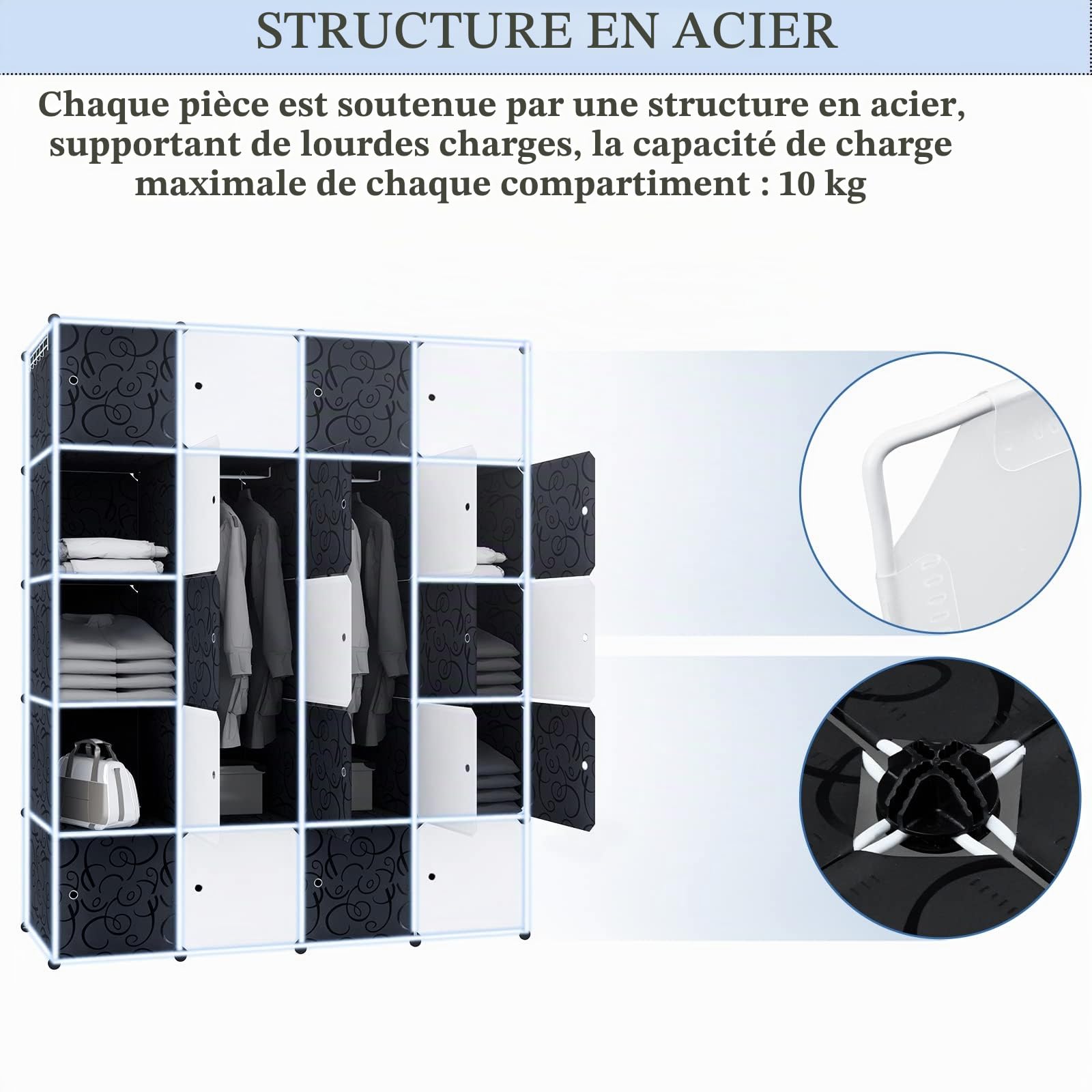 YUENFONG Organisateur de penderie DIY Système d'étagères en plastique pour vêtements, chaussures, jouets et livres, noir (20 boîtes avec porte)