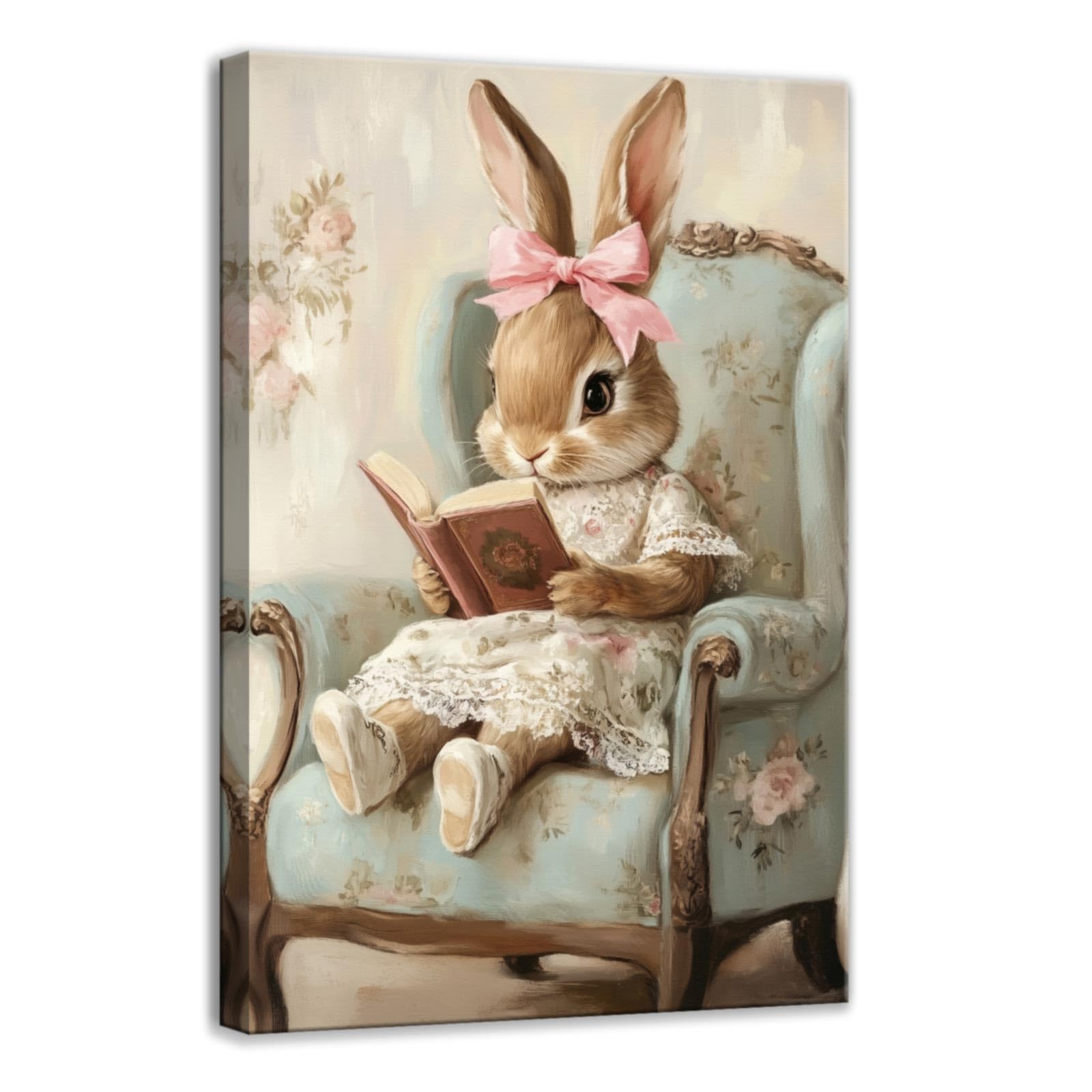 CCWACPP Bunny Wall Art Print Rabbit Reading Book Painting Vintage Academic Artwork Spring Animal Canvas Easter Decor for Kid Bedroom Home Office Framed (30.00 x 45.00 cms)