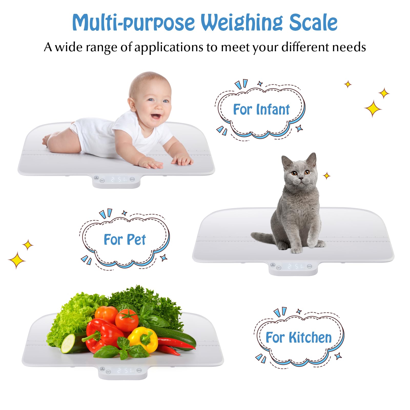 LIFEZEAL Pesabebés, Báscula digital para bebés y mascotas, báscula infantil con escala de 60 cm, tara, bloqueo automático del peso, 4 unidades de peso a elegir, 30 kg de capacidad