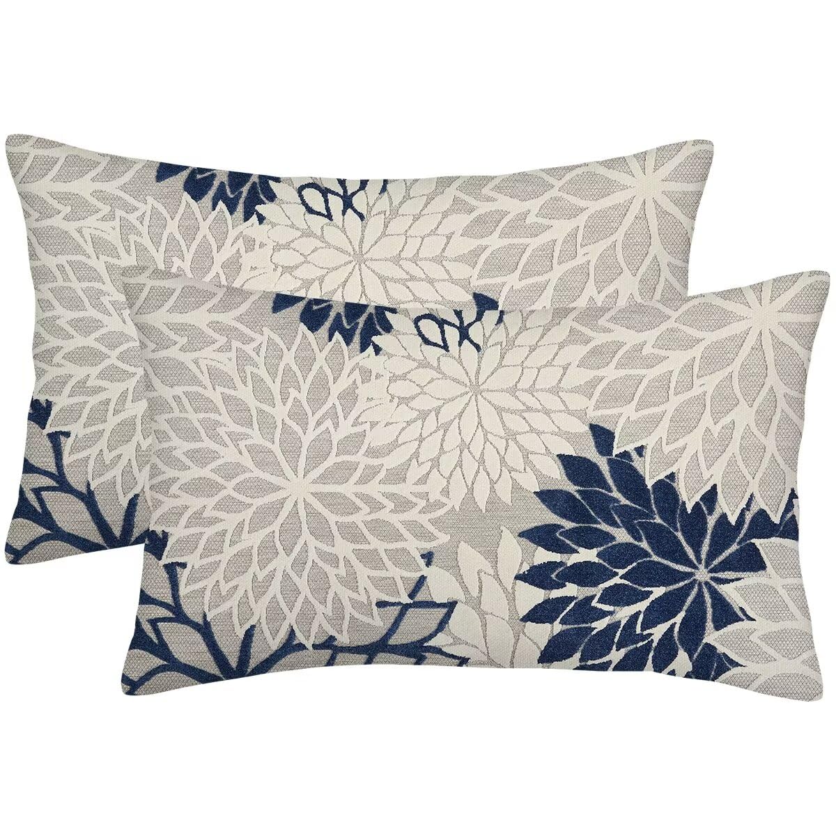 AELUTYSH Navy Blue Pillow Covers 12x20 Inch Set of 2 Rustic Navy Blue White Dahlia Floral Decorative Throw Pillows Farmhouse Geometric Flower Decor