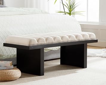 CIMOTA Modern Bedroom Bench, 47 Inch Upholstered End of Bed Bench Padded Entryway Bench with Cylindrical Cushion/Black Wood Legs, Wooden Window Bench for Living Room/Hallway, Linen Beige