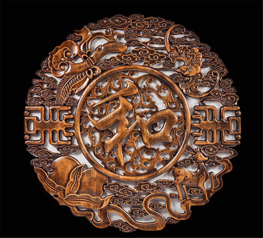 Wooden Carvings Carved Camphor Wood Engraving Chinese Antique Craft Entrance Background Wall Round Solid Wood Wall Hanging, 78cm