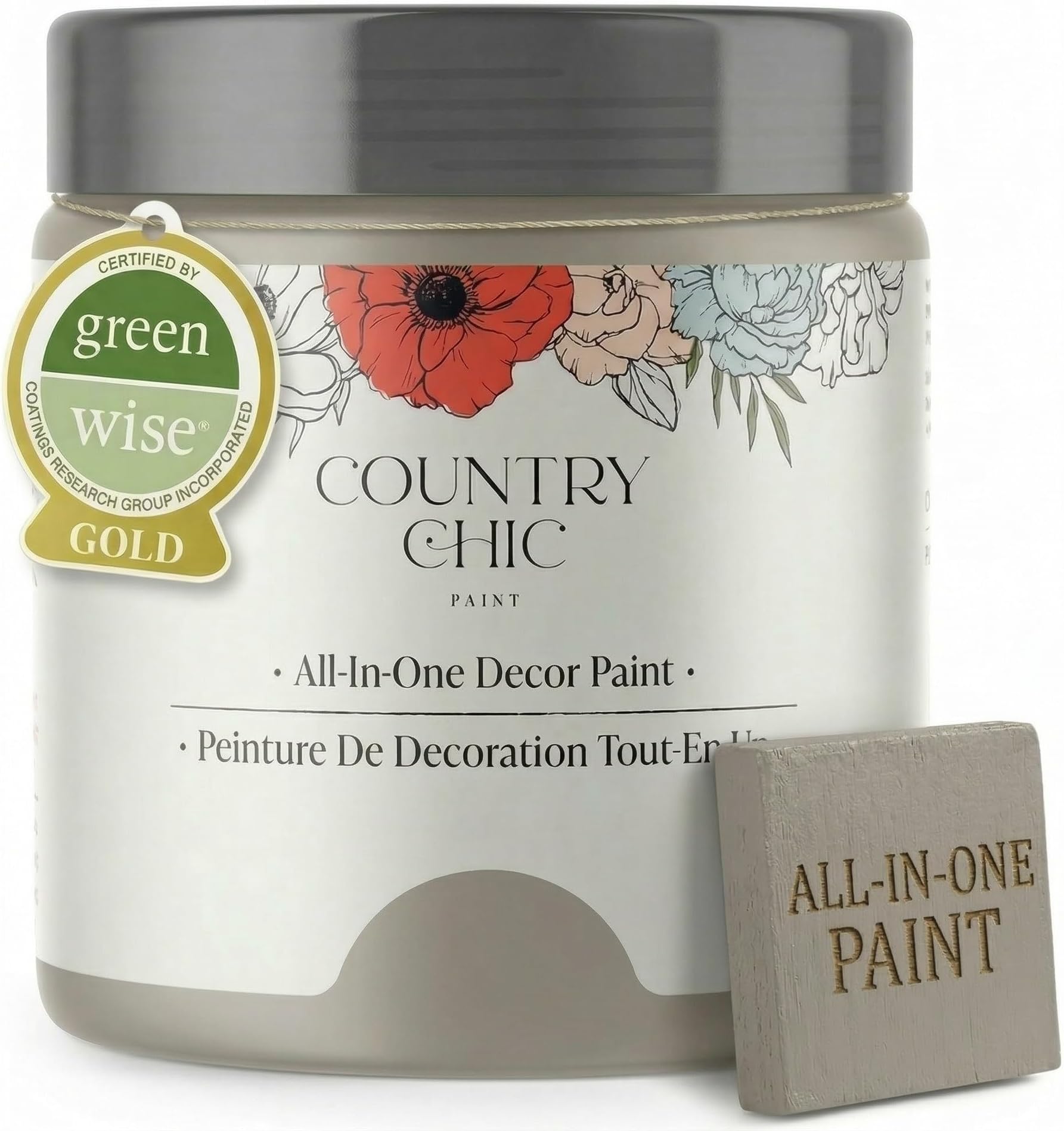 Country Chic All-in-One Chalk Paint for Furniture, Cabinets, Home Decor, Eco-Friendly, Matte Finish, Built-In Primer & Top Coat for Wood, Metal - Pebble Beach (Grey) - Pint 16 oz (475 ml)