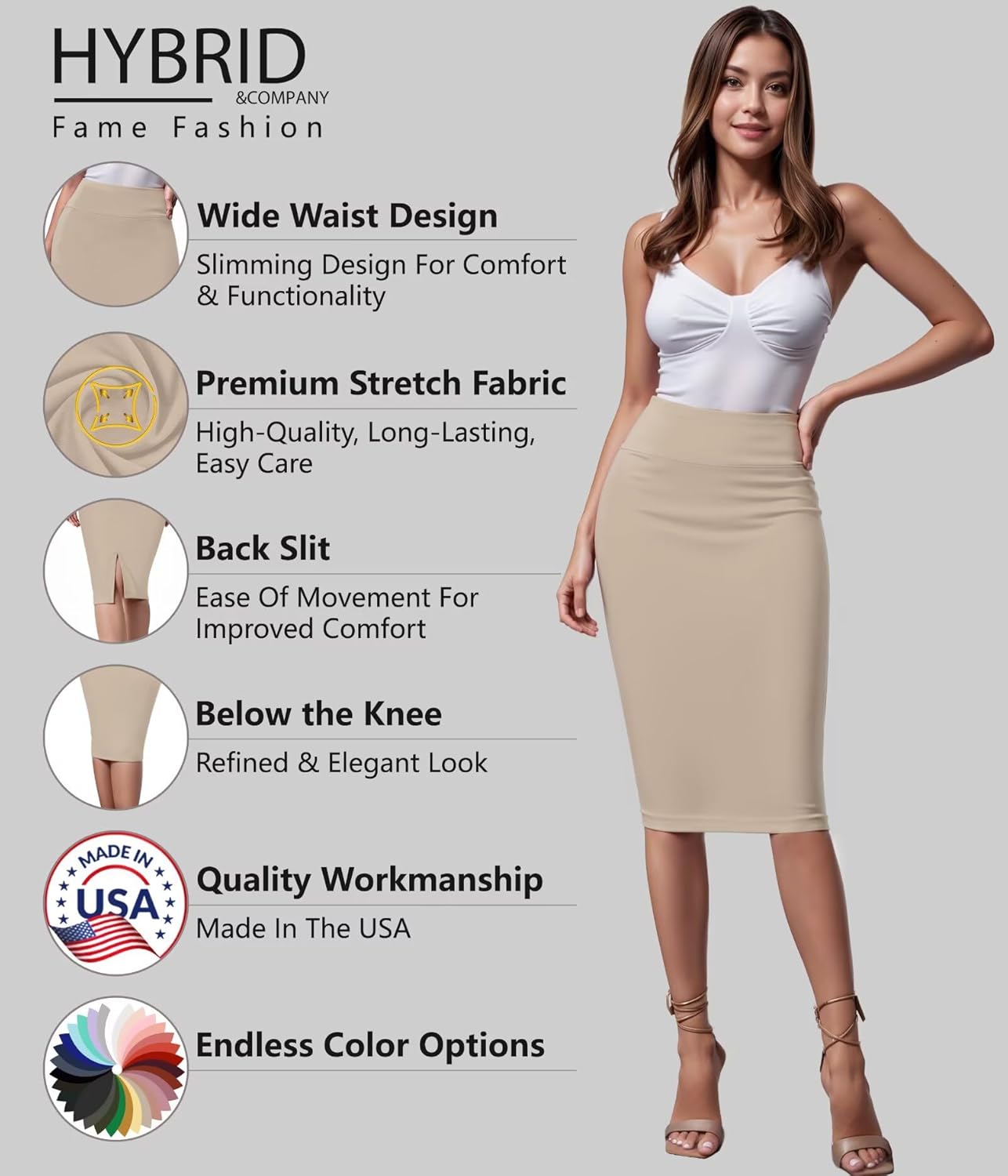 Hybrid & Company Women's Premium Nylon Ponte Stretch High Waist Pencil Suit Skirt Below Knee - Image 4