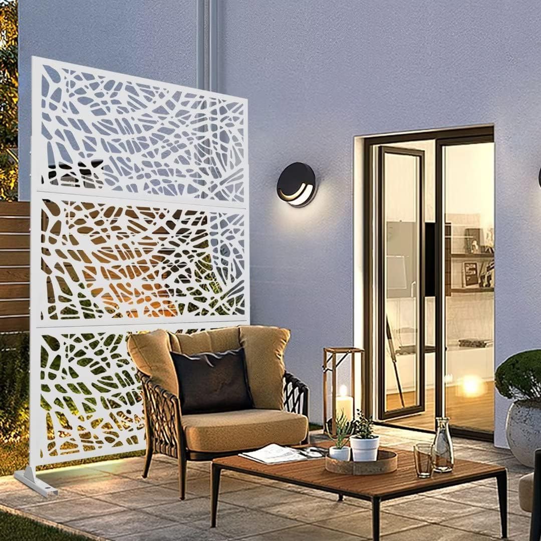 Elevens Metal Privacy Screen Outdoor Patio Screen Panels Freestanding Decorative Screen Set with Stand for Deck Patio Balcony Garden Outdoor&Indoor, White-Web (GE4004-USAM010)